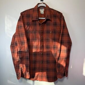 LL Bean Plaid Button Down Mens Large Rust Orange Excellent Reinforced Elbows